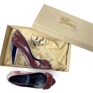 Burberry Leather 35 Pump Maroon Patent Wine Peep Toe High Heel Dust Bag + Box